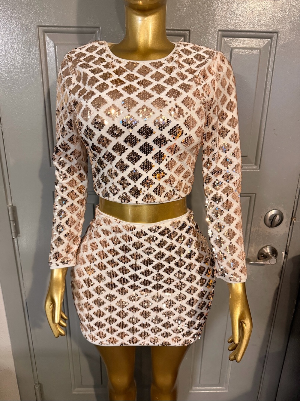 Crystal Doll White and Gold Sequin Lattice Mini Skirt Set - Picture 4 of 4